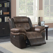 Recliner upholstered in chocolate and dark brown exterior main photo