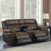 Motion loveseat upholstered in chocolate and dark brown exterior main photo