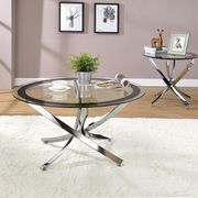 Round glass cocktail table x-shaped chrome legs main photo