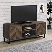 Rustic oak herringbone finish 2-door TV console with adjustable shelves main photo