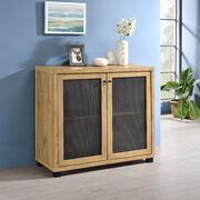 Industrial style accent cabinet finished in golden oak