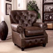 Nailhead trim / button tufted brown leather chair main photo
