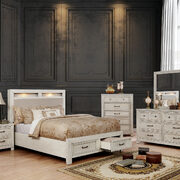 Antique white weathered finish transitional bed w/ storage