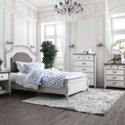Gray/ antique white padded fabric headboard queen bed
