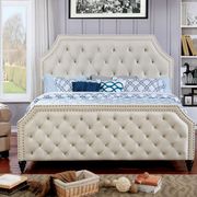 Beige king bed with crystal-like buttons design main photo