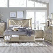 Champagne metallic finish queen platform bed with led lighting and footboard storage