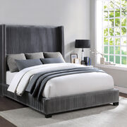 Dark gray velvet fabric upholstery queen bed main photo
