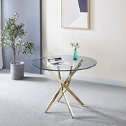 Contemporary round clear dining tempered glass table with chrome legs in gold main photo