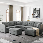 Sectional sofa with two pillows, u-shape upholstered couch with storage ottoman