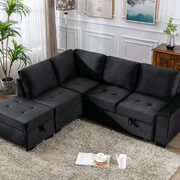 Black velvet l-shape sleeper sectional sofa with storage ottoman main photo
