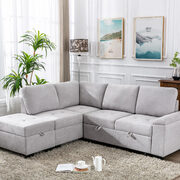 Gray linen l-shape sleeper sectional sofa with storage ottoman main photo