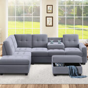 Gray velvet l-shaped sectional sofa with reversible chaise and storage ottoman main photo