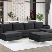 Black velvet fabric reversible chaise u-shaped sofa with ottoman main photo