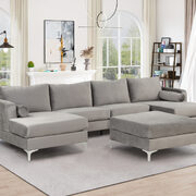 Gray velvet fabric reversible chaise u-shaped sofa with ottoman main photo
