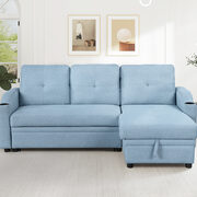 Blue linen fabric modern padded sofa bed with storage chaise main photo