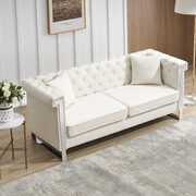 Beige chenille fabric inlaid buttons sofa with two pillows main photo