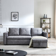 Gray sectional sofa with pulled out bed, 2 seats sofa and reversible chaise with storage, both hands with copper nail