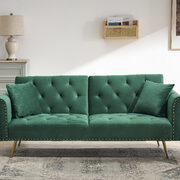 Green velvet nailhead sofa bed with throw pillow and midfoot main photo