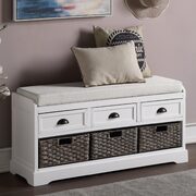 White wood storage bench with 3 drawers and 3 baskets main photo