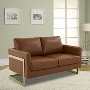 Modern mid-century upholstered cognac tan leather loveseat with gold frame main photo