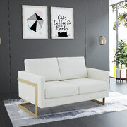Modern mid-century upholstered white leather loveseat with gold frame main photo