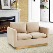 Modern style upholstered beige velvet loveseat with gold frame