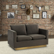 Modern style upholstered dark gray velvet loveseat with gold frame main photo