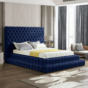Navy velvet tiered design tufted contemporary bed main photo