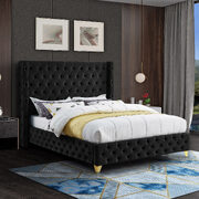 Black velvet deep button tufted velvet fabric bed