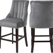 Gray velvet fabric bar stool w/ chrome nailhead trim main photo