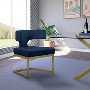 Floating gold base / blue velvet curved back dining chair main photo