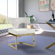 Floating gold base / white leather curved back dining chair