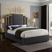 Gray velvet contemporary king bed w/ golden base main photo