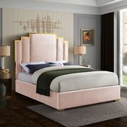 Pink velvet contemporary king bed w/ golden base main photo