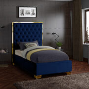 Modern gold legs/trim tufted twin bed in navy velvet
