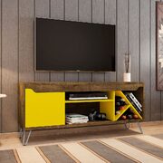 Mid-century- modern 53.54 TV stand with wine rack in rustic brown and yellow main photo