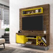 53.54 mid-century modern freestanding entertainment center with media shelves and wine rack in rustic brown and yellow main photo