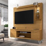 62.99 freestanding mid-century modern entertainment center with led lights and decor shelves in cinnamon main photo