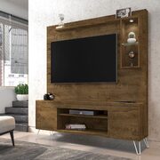 62.99 freestanding mid-century modern entertainment center with led lights and decor shelves in rustic brown main photo