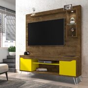 62.99 freestanding mid-century modern entertainment center with led lights and decor shelves in rustic brown and yellow main photo