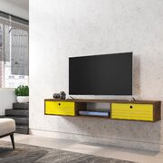 Liberty 62.99 mid-century modern floating entertainment center with 3 shelves in rustic brown and yellow main photo