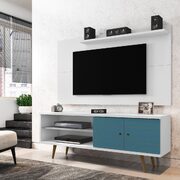 Liberty 62.99 mid-century modern TV stand and panel with solid wood legs in white and aqua blue main photo