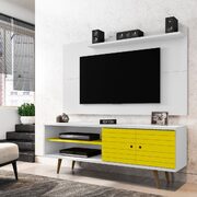 Liberty 62.99 mid-century modern TV stand and panel with solid wood legs in white and yellow main photo