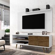 Liberty 62.99 mid-century modern TV stand and panel with solid wood legs in white and rustic brown main photo