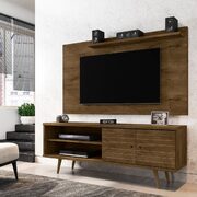 Liberty 62.99 mid-century modern TV stand and panel with solid wood legs in rustic brown main photo