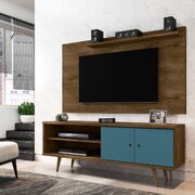Liberty 62.99 mid-century modern TV stand and panel with solid wood legs in rustic brown and aqua blue main photo