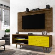 Liberty 62.99 mid-century modern TV stand and panel with solid wood legs in rustic brown and yellow main photo