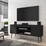 62.99 TV stand black with 2 media shelves and 2 storage shelves in black with solid wood legs main photo