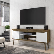 62.99 TV stand rustic brown and white with 2 media shelves and 2 storage shelves in rustic brown and white with solid wood legs main photo
