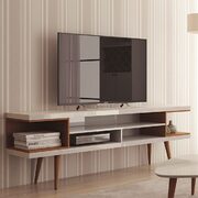 70.47 TV stand with splayed wooden legs and 4 shelves in white gloss and maple cream main photo